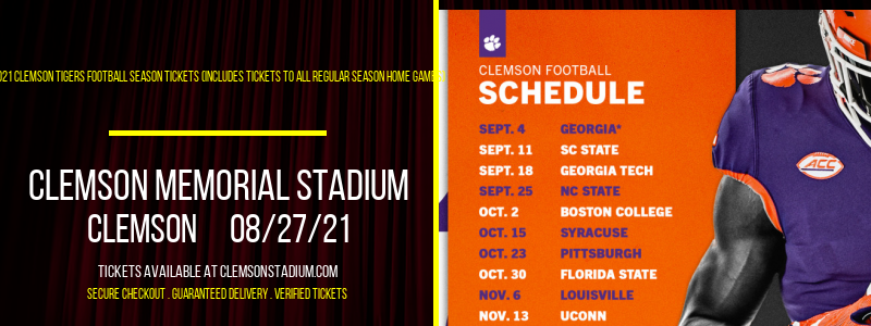 2021 Clemson Tigers Football Season Tickets (Includes Tickets To All Regular Season Home Games) at Clemson Memorial Stadium tickets 2021 Clemson Tigers Football Season Tickets (Includes Tickets To All Regular Season Home Games) at Clemson Memorial Stadium