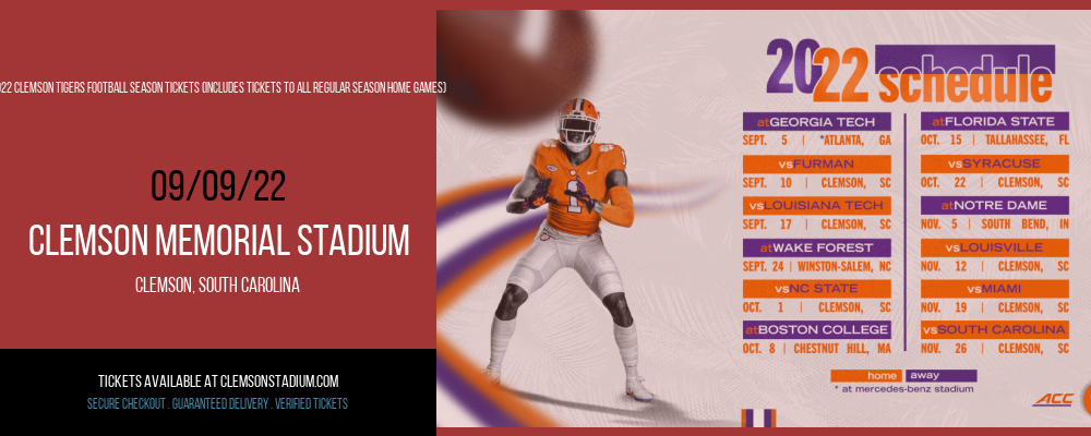 2022 Clemson Tigers Football Season Tickets (Includes Tickets To All Regular Season Home Games) at Clemson Memorial Stadium